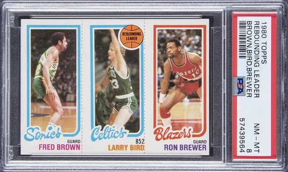 1980-81 Topps Rebounding Leader Brown/Bird/Brewer – Larry Bird Rookie Card – PSA NM-MT 8